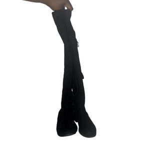 Size 7 Over The Knee Riding Boots Black Faux Suede Back Tie Accent